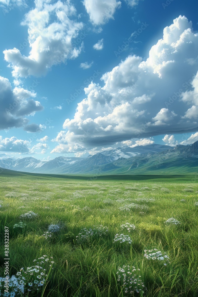 Fototapeta premium Grassland Meadow Under Clear Blue Sky