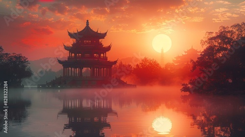 Tranquil Sunset and Pagoda  A Lake Reflecting Serenity