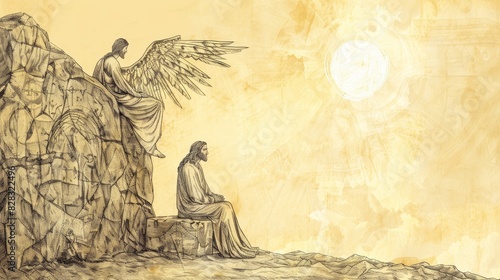 Stone Rolled Away from Tomb, Angel and Early Morning Light, Jesus' Resurrection, Biblical Illustration, Beige Background, Copyspace