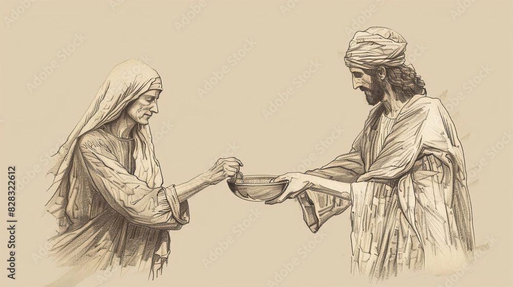 Obraz premium Jesus Observing Widow's Offering in Temple, Commending Her Sacrifice, Biblical Illustration, Beige Background, Copyspace