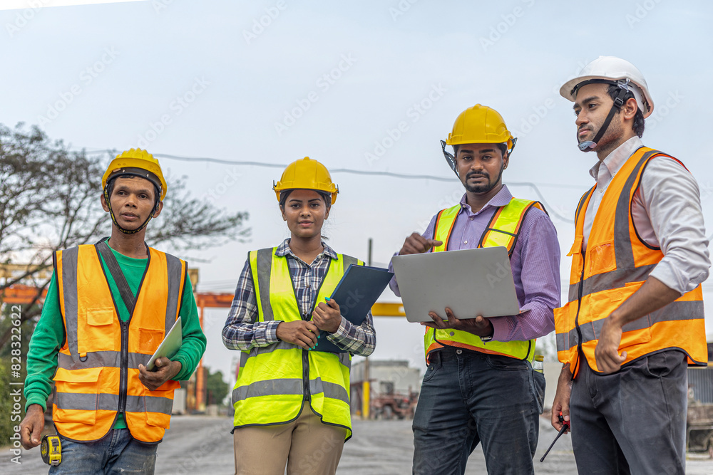 A team of civil engineers with safety uniform from different ethnicities work together using laptop and digital devices to inspect their production in a construction factory. A team of civil engineers with safety uniform from different ethnicities work together using laptop and digital devices to inspect their production in a construction factory.