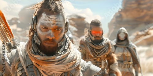 Tribe in futuristic gear preparing to attack in desert film still. Concept Futuristic, Tribe, Desert, Film Still, Attack
