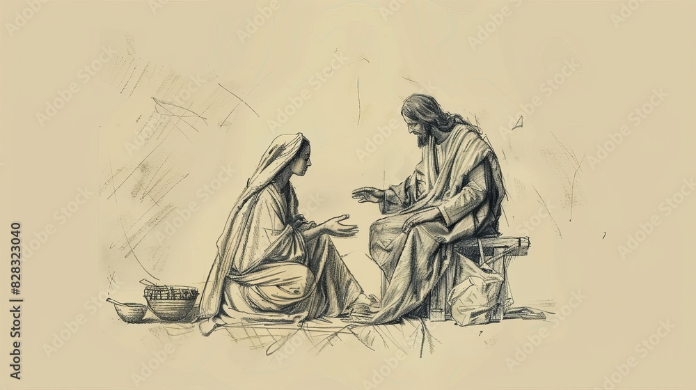 Naklejka premium Mary at Jesus Feet, Martha Busy with Preparations, Biblical Illustration, Beige Background, Copyspace