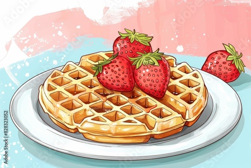 A Sweet and Delicious Breakfast: Waffles with Strawberries and Syrup