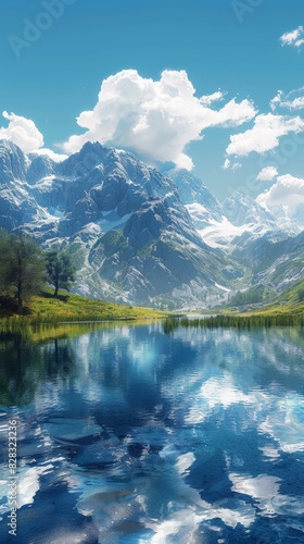 Mountains and lake landscape with blue sky and white clouds