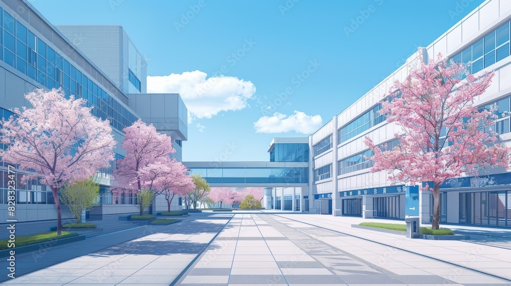 Obraz premium A wide shot of a modern city street with cherry blossom trees in the spring