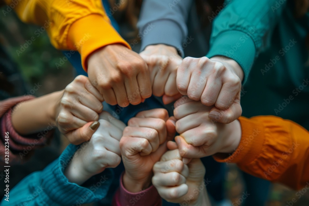 A group of people of different ethnicities joining their fists together A group of people of different ethnicities joining their fists together