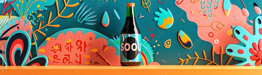 195 3D model of a soju bottle icon with a colorful illustrated background 195 3D model of a soju bottle icon with a colorful illustrated background