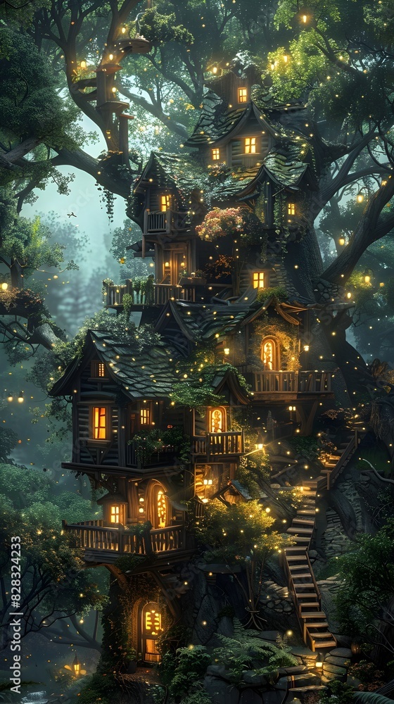 Obraz premium Enchanting Elevated Treehouse in Whimsical Magical Forest with Glowing Lanterns at Night