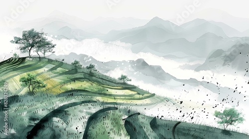 Mist-shrouded mountain landscape with rice terraces photo