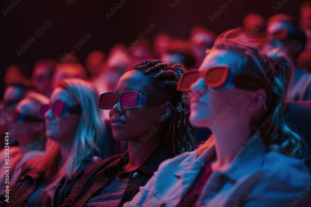 Obraz premium People watching movie in a movie theatre wearing 3D glasses, 3D movie 