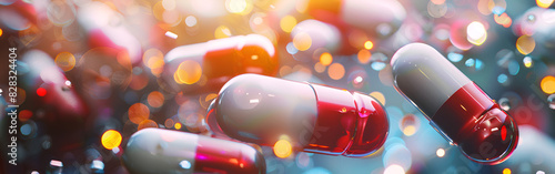 Many different colorful pills on white and the bokeh in background  photo