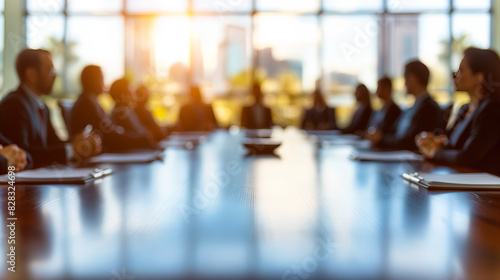 A blurred image of business professionals at a meeting  with a bright sunlight background  conveying a business concept. Generative AI
