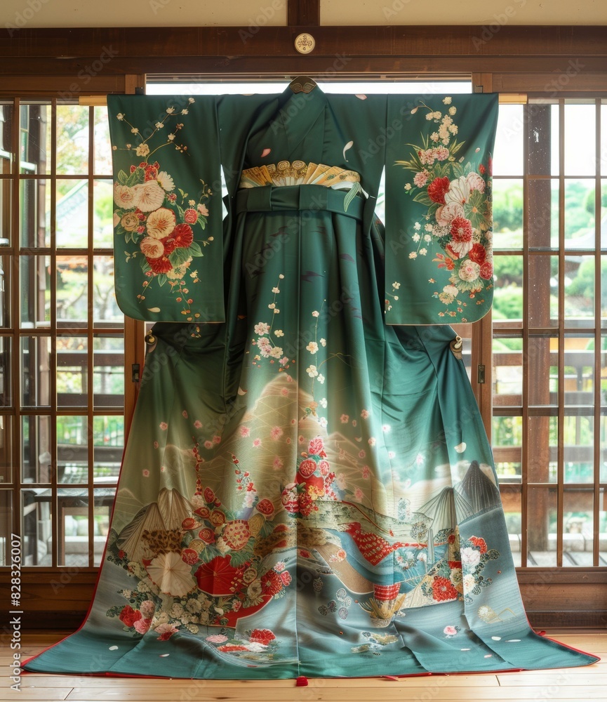 A kimono with a floral pattern and a mountain pattern