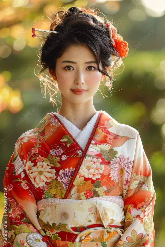 Portrait of a beautiful Japanese woman in traditional kimono