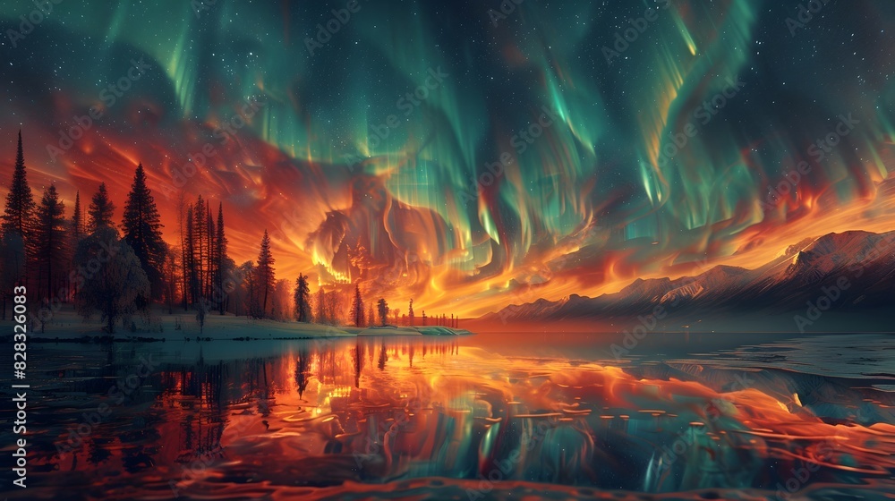 Fototapeta premium Breathtaking Aurora Borealis Reflected in a Serene Frozen Lake Surrounded by Majestic Snow-Capped Mountains and Dense Evergreen Forests