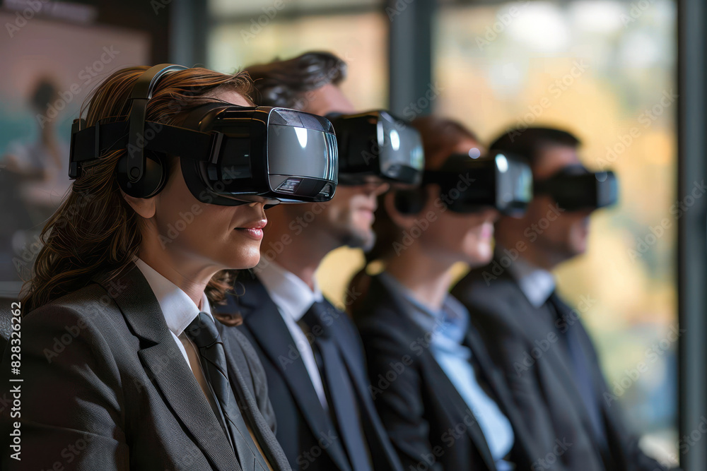 High Tech business office professionals using a virtual reality headset and presentation, futuristic and immersive. Futuristic and High Tech Concept. Generative AI High Tech business office professionals using a virtual reality headset and presentation, futuristic and immersive. Futuristic and High Tech Concept. Generative AI