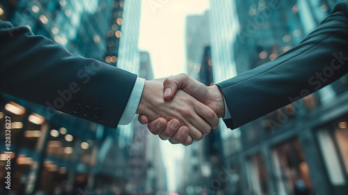 Two individuals shaking hands in business attire, urban skyscrapers in the background, concept of partnership. Generative AI