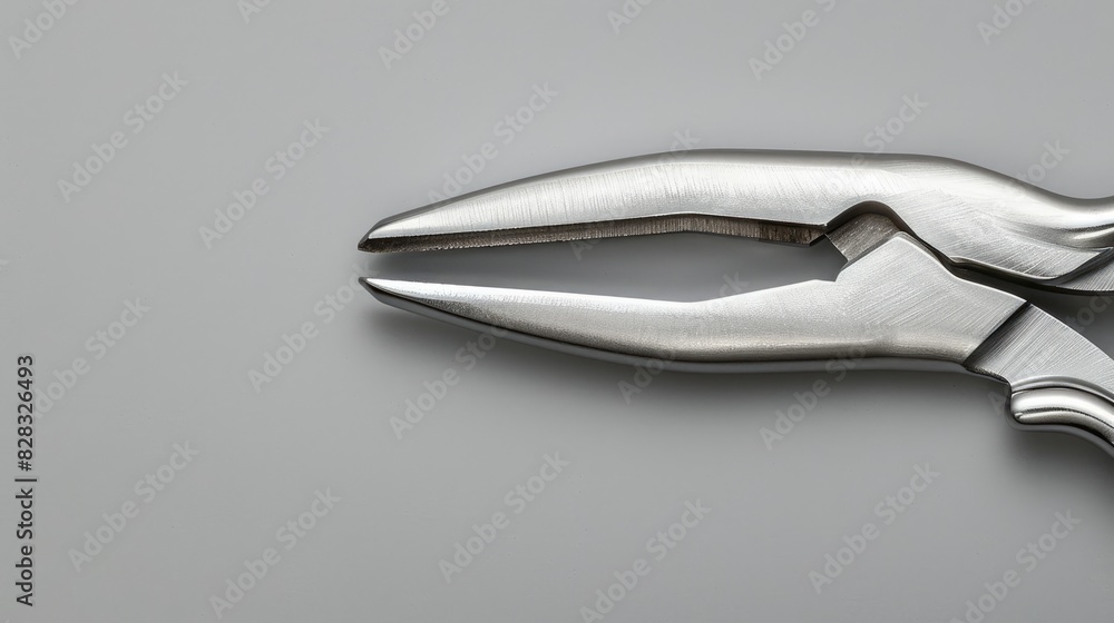 Bent nose pliers displayed on a gray background from above Room for text Bent nose pliers displayed on a gray background from above Room for text