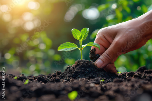 Hand planting a young tree in fertile soil, symbolizing reforestation and carbon offset, close-up with natural sunlight, sustainability and growth theme with forest background. Generative AI