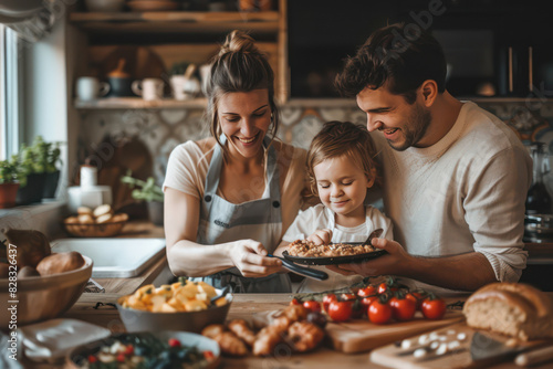 Happy Modern family lifestyle  couple with a child preparing and cooking breakfast together in a stylish kitchen  moments of enjoy weekend play having fun at home