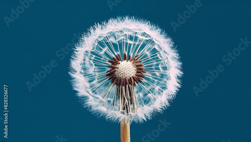 A stunning close-up illustration of a dandelion in full bloom against a vivid blue background. Generative AI photo