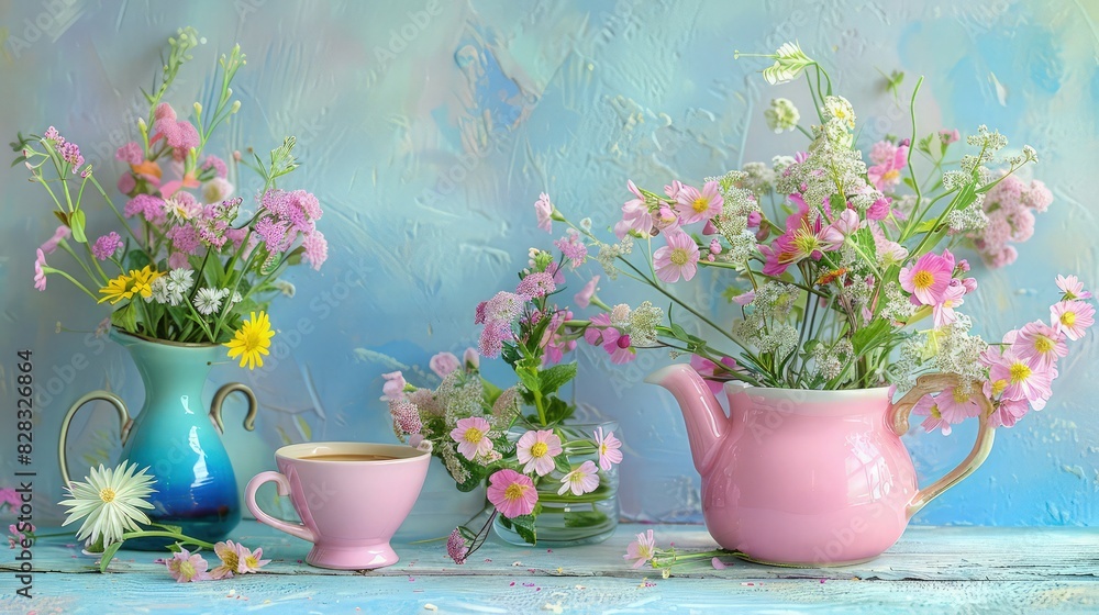 A charming scene featuring a vase of colorful flowers next to a steaming teapot and a cup of tea, placed on a cozy tablecloth, perfect for a relaxing and delightful tea break. A charming scene featuring a vase of colorful flowers next to a steaming teapot and a cup of tea, placed on a cozy tablecloth, perfect for a relaxing and delightful tea break.