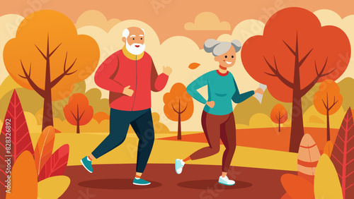 A content pair of retirees making memories by jogging together through a colorful autumn forest.. Vector illustration