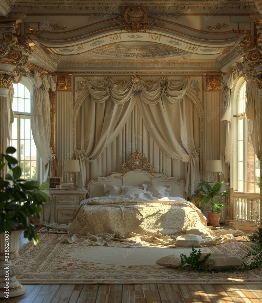Fototapeta premium Ornate bedroom with a large bed and plants by the windows