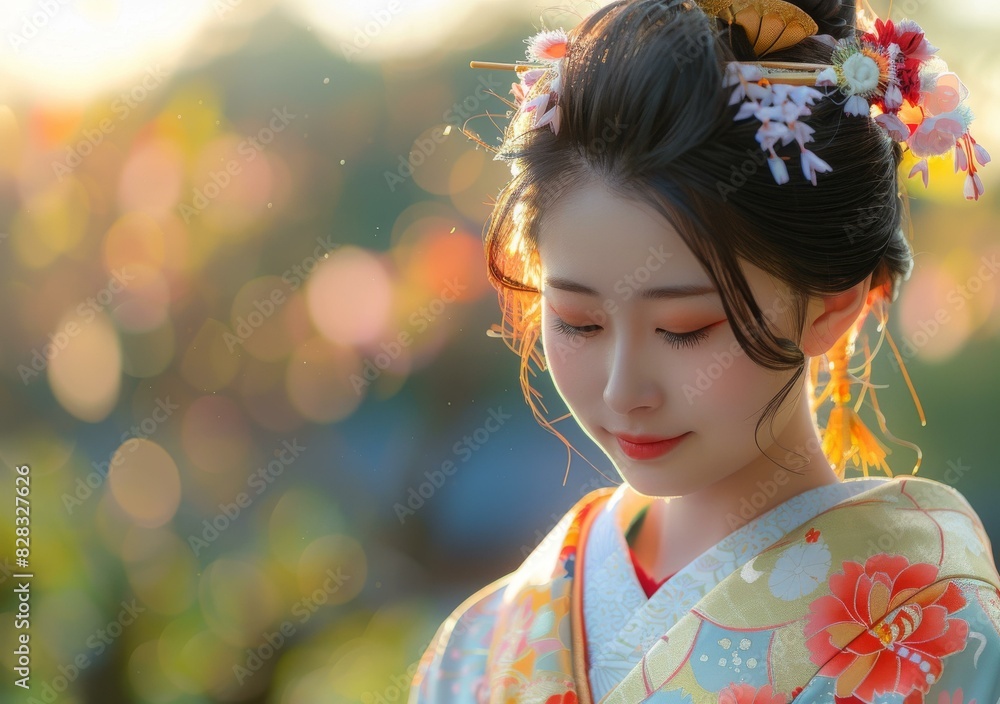 Beautiful Japanese Woman Wearing a Traditional Kimono with Flowers in Her Hair Beautiful Japanese Woman Wearing a Traditional Kimono with Flowers in Her Hair