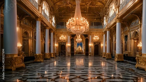 Video animation of opulent interior, likely from a historical or significant building. The perspective is from ground level, looking down a long hall photo