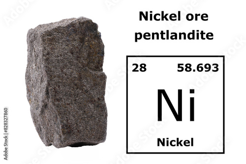 Isolated Nickel (Ni) sulphide (pentlandite) ore, white background, text, periodic table. Mined in Australia, South Africa, Canada, Russia. Compete with Ni laterite producers Indonesia, Philippines