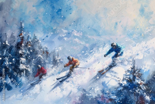 Skiers skiing down a snowy mountain slope with trees in the background