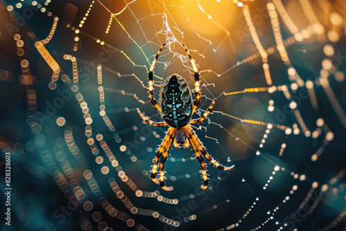A macro shot of a spider weaving its web in the early morning, showcasing the intricacy of nature's designs highlighted. showcasing the beauty of nature for Ads, banner, magazine. Generative AI