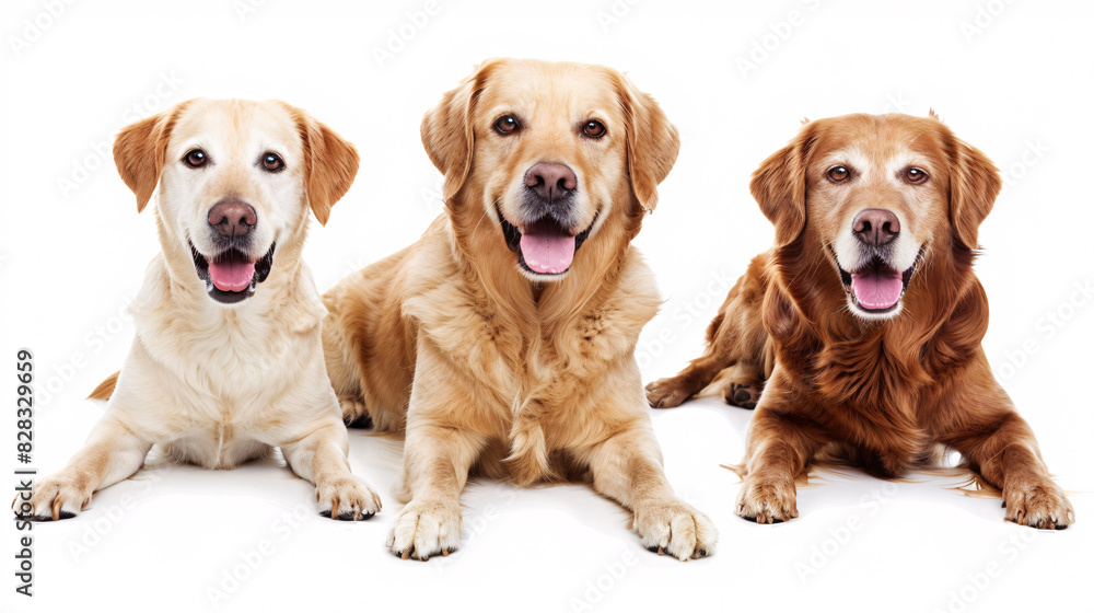 Three happy labrador retrievers. Three labrador retriever dogs laying down on white background and looking at camera. Three happy labrador retrievers. Three labrador retriever dogs laying down on white background and looking at camera.