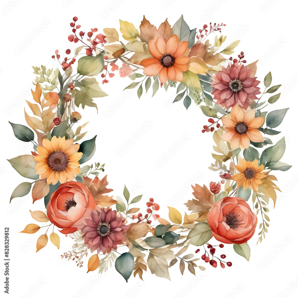 Watercolor Autumn Flower Leaves Wreath PNG Transparent Background Watercolor Autumn Flower Leaves Wreath PNG Transparent Background