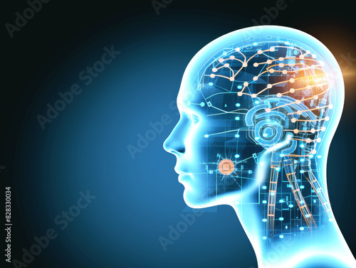 Side profile of a cyborg head with digital brain circuitry, graphical elements, on a dark blue background, concept of future technology. Generative AI