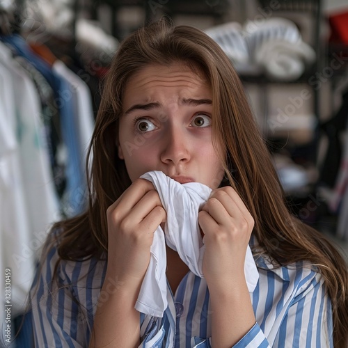 "Anxious Woman Covering Mouth with Handkerchief"