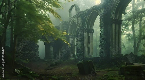 A ruined structure in a forest photo