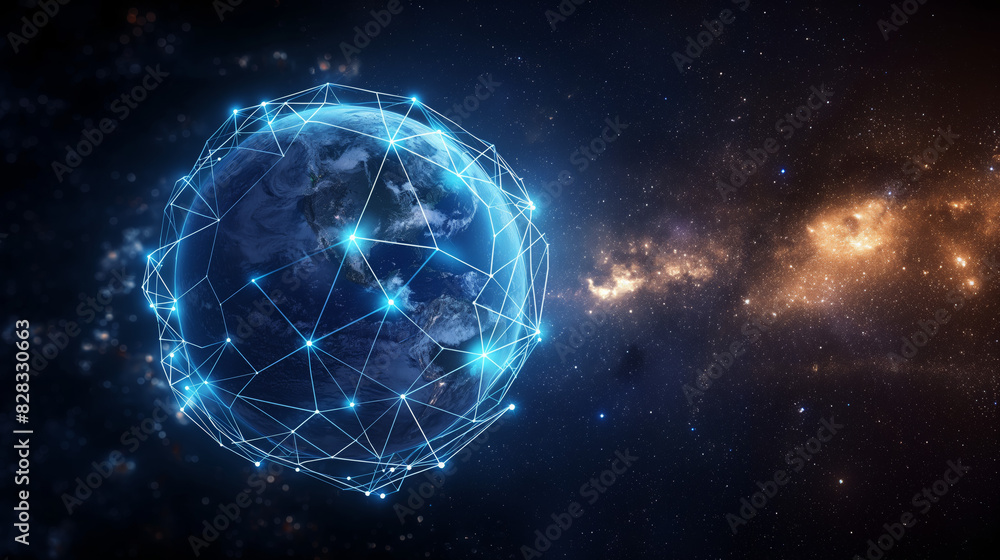 Obraz premium Global network visualization of Earth in outer space, representing the. connect of technology and communication across the world.