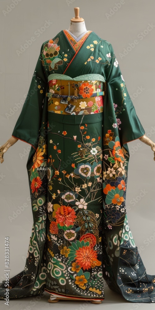 A kimono with a floral pattern and a colorful obi A kimono with a floral pattern and a colorful obi