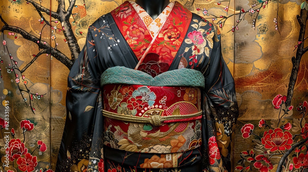 A kimono with a floral pattern and a golden obi