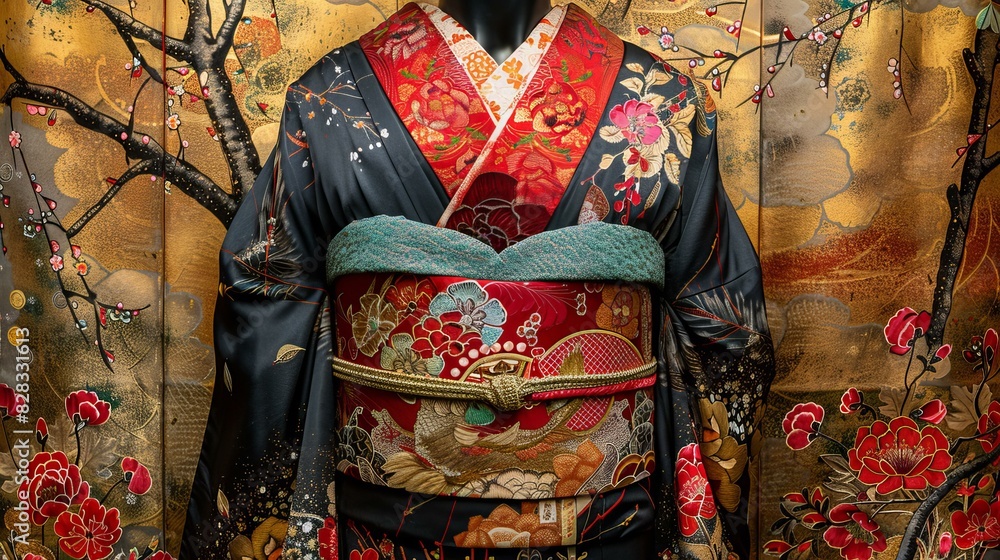 A kimono with a floral pattern and a golden obi A kimono with a floral pattern and a golden obi
