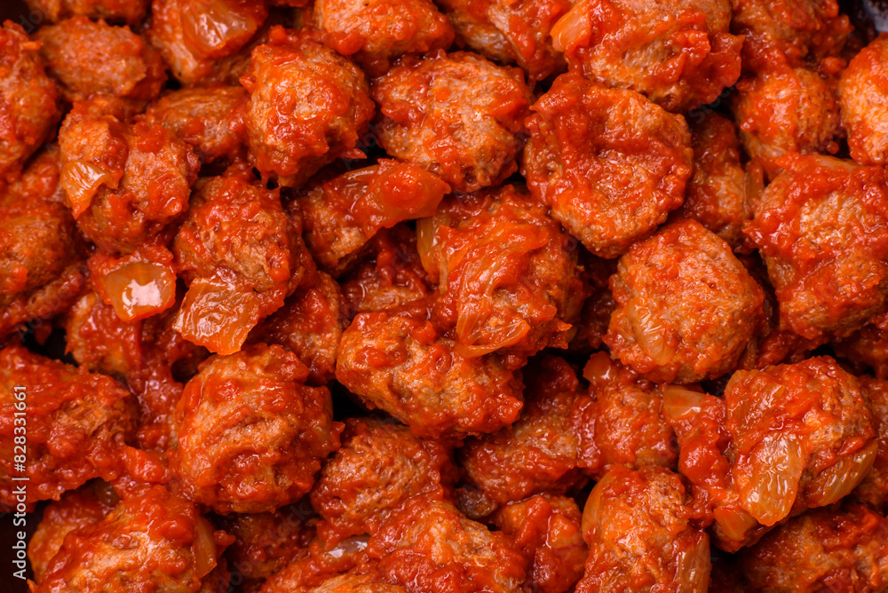 Delicious soy meat with tomato sauce, salt and spices Delicious soy meat with tomato sauce, salt and spices