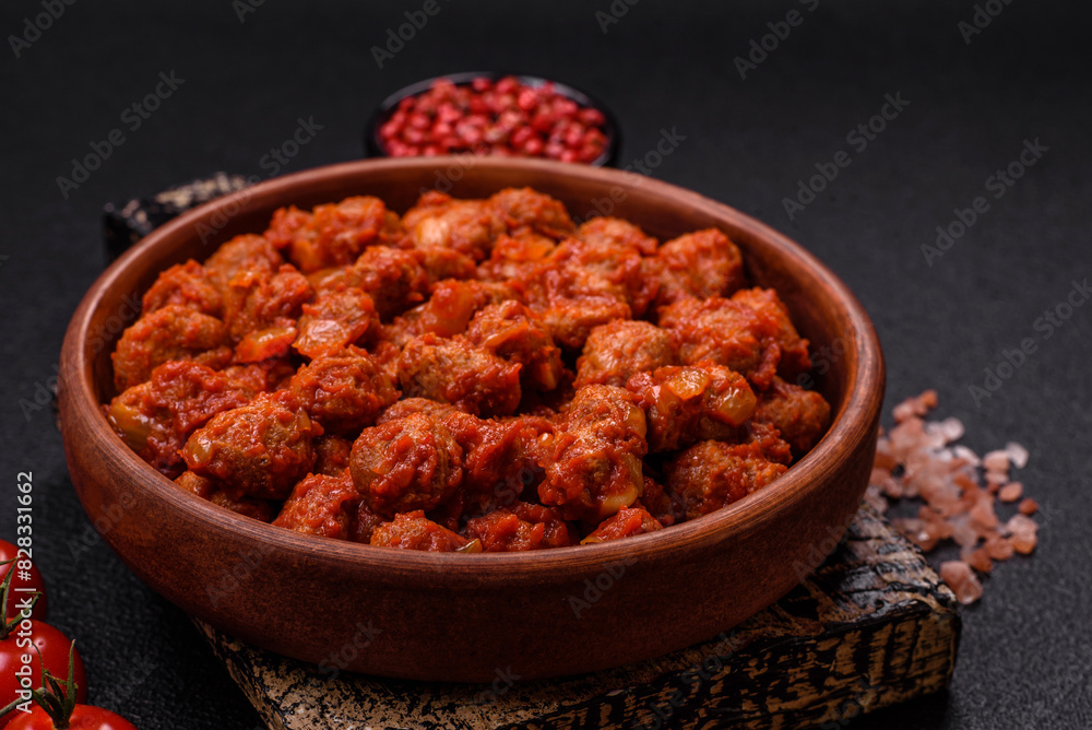 Delicious soy meat with tomato sauce, salt and spices Delicious soy meat with tomato sauce, salt and spices