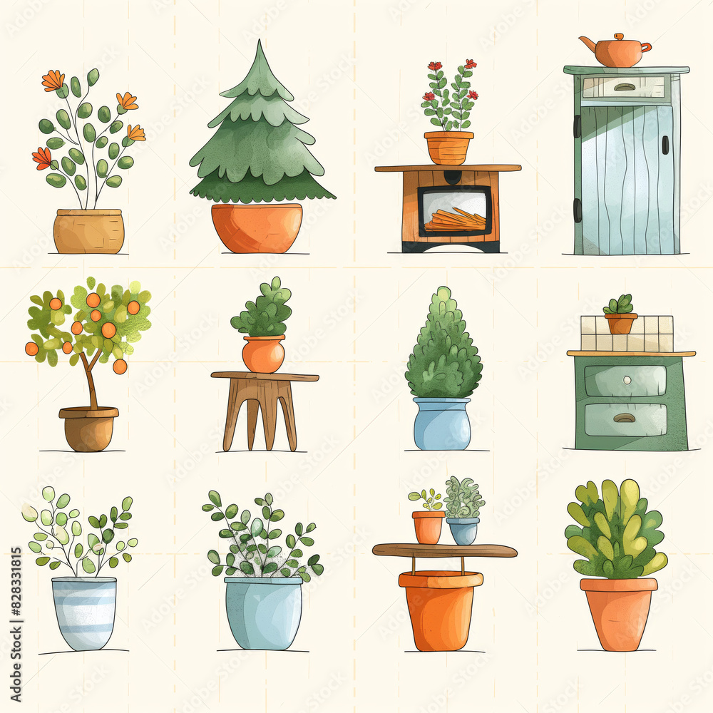 Charming hand-drawn illustration of various potted plants and home decor items in a cozy setting, perfect for interior design inspiration. watercolor isolated white background. Charming hand-drawn illustration of various potted plants and home decor items in a cozy setting, perfect for interior design inspiration. watercolor isolated white background.