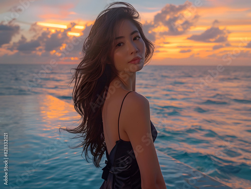 A beautiful Asian woman in a black bikini stands in front of the ocean during a sunset. 