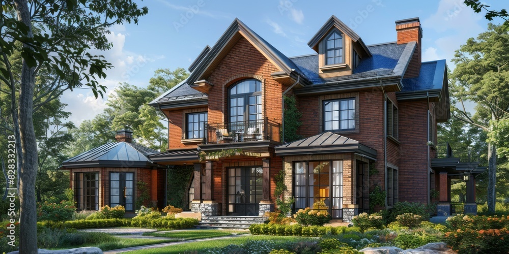 A large two-story brick house with a dark roof and a front yard full of plants and flowers A large two-story brick house with a dark roof and a front yard full of plants and flowers