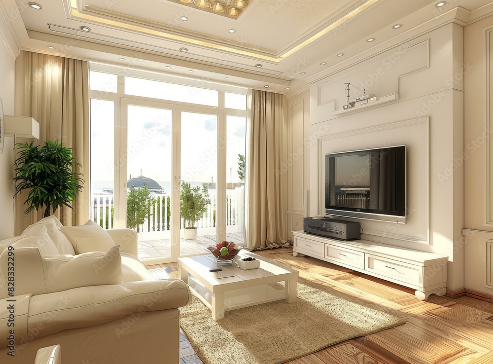 A modern living room with a large window, a TV, and a coffee table A modern living room with a large window, a TV, and a coffee table