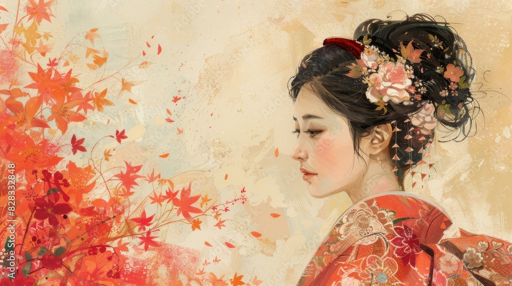 Φωτογραφία An illustration of a Japanese woman in a red kimono with autumn leaves in the ba
